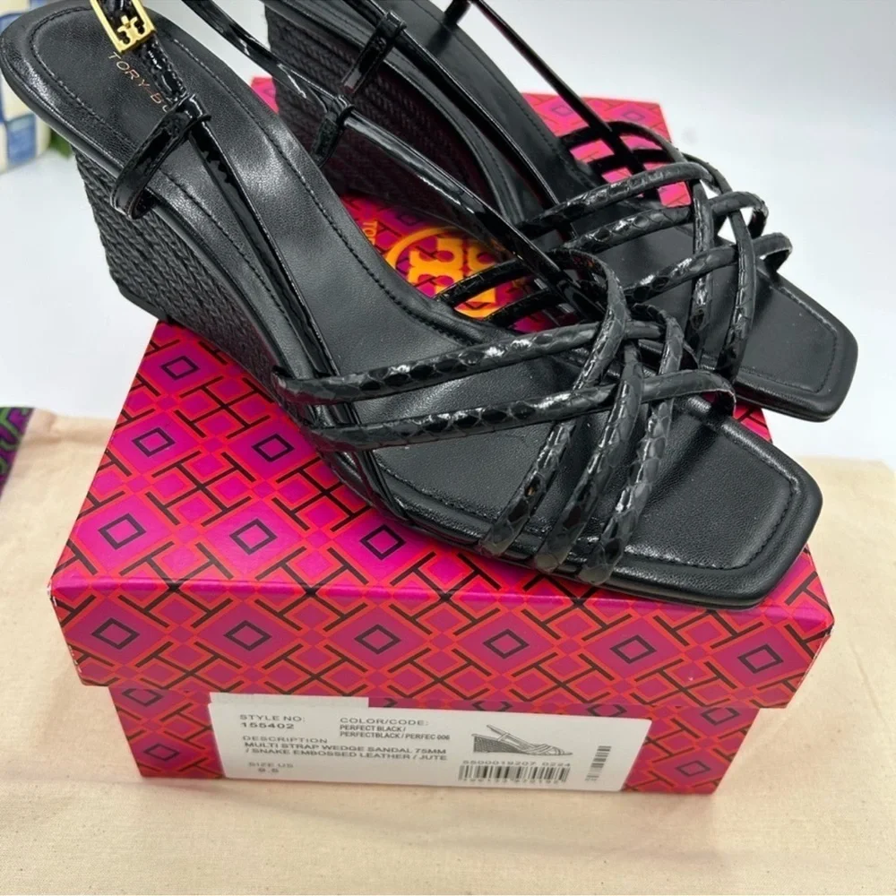 Women’s Tory Burch, multi strap wedge sandal snake embossed 75MM size 9.5